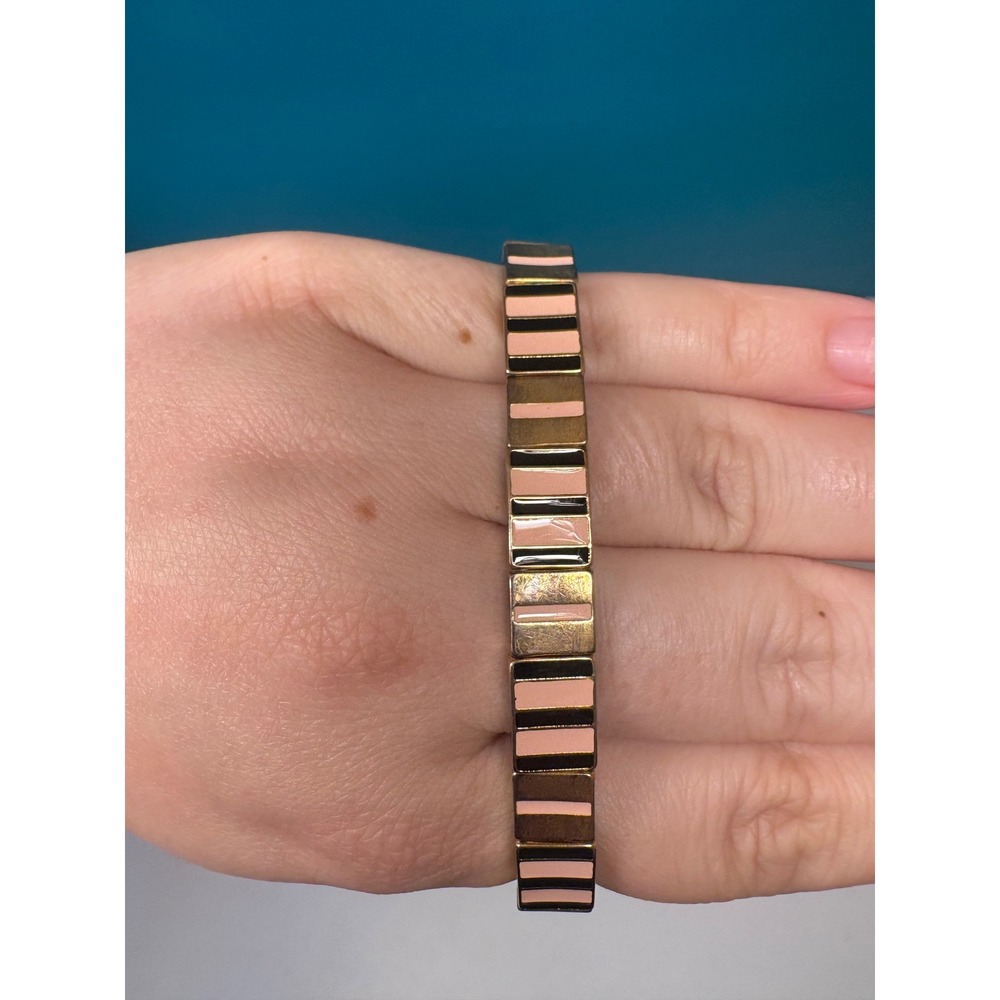 Gold Tone Pink Black Enamel Striped Tile Stretch Bracelet Geometric